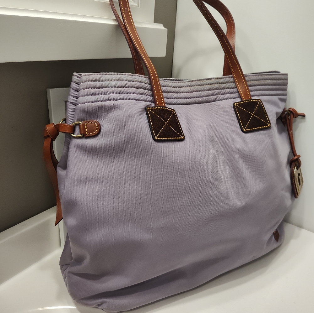 Dooney & Bourke Lavender Nylon Tote with Brown Leather Trim and Straps - Picture 6 of 16